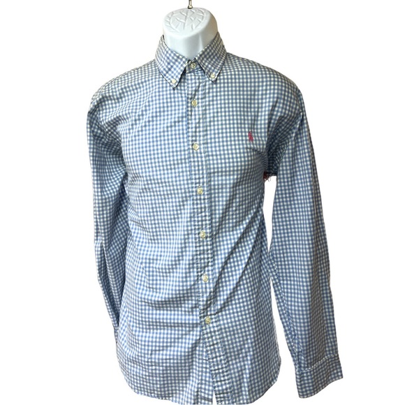 SzL Custom Fit Ralph Lauren Blue White Check long Sleeve Button Down - Picture 2 of 6